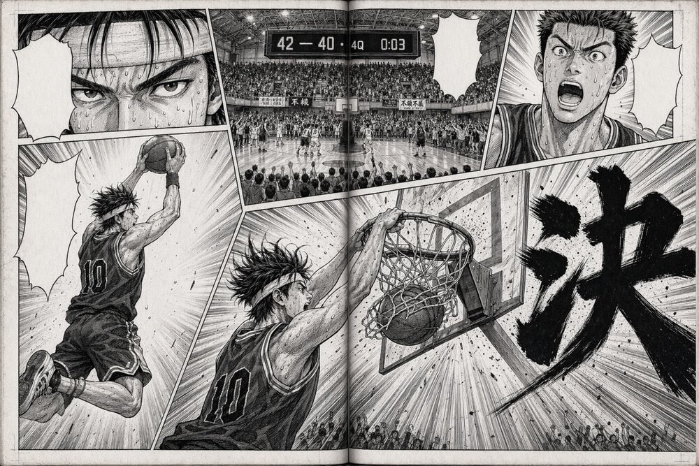 生成图：少年漫画双页跨页（篮球扣篮）