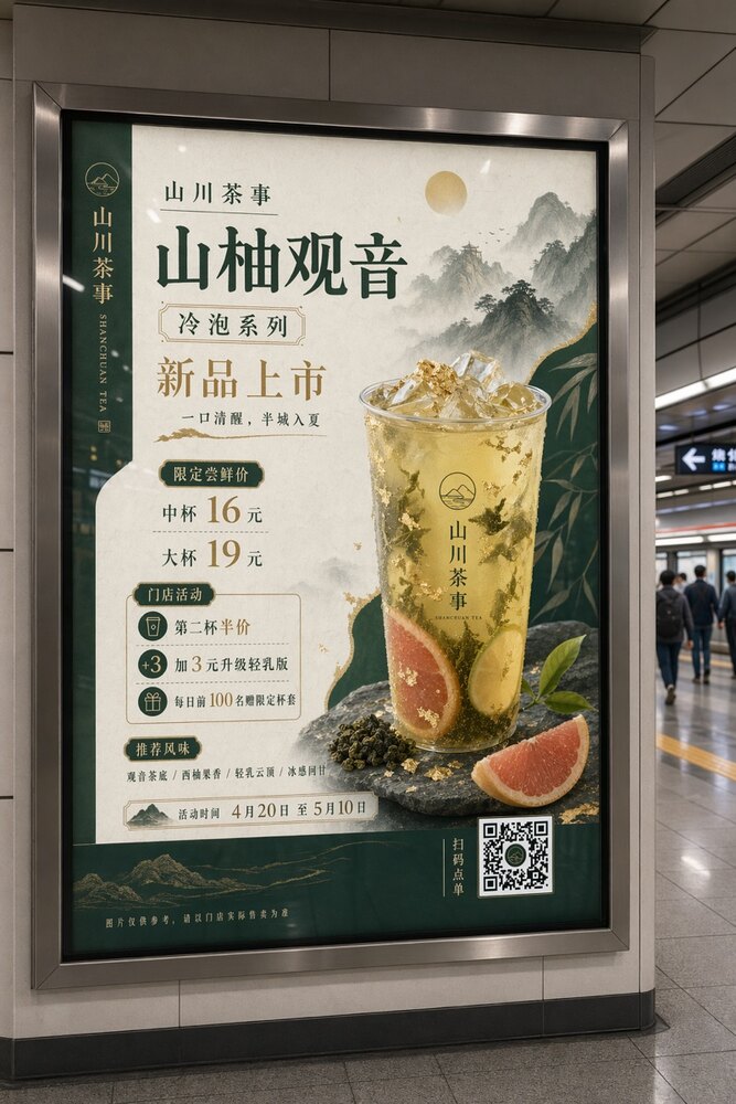 编辑后效果图：茶海报变地铁灯箱样机