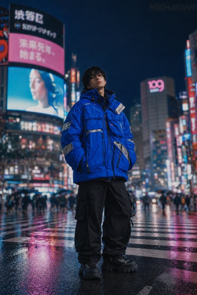 生成图：都市街头服饰 Lookbook：涩谷夜景