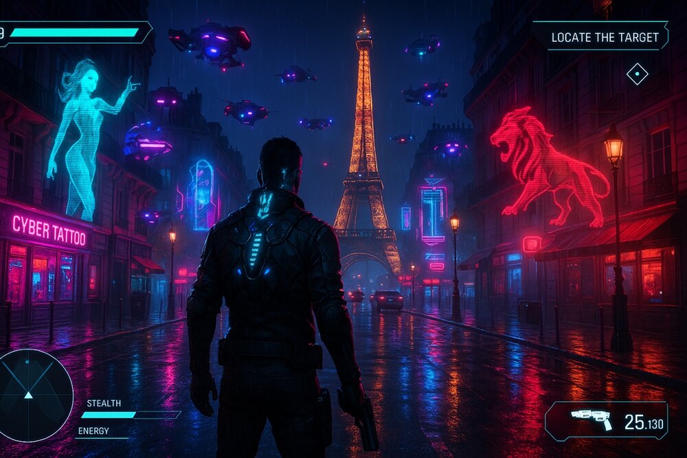 生成图：赛博朋克欧洲动作 HUD