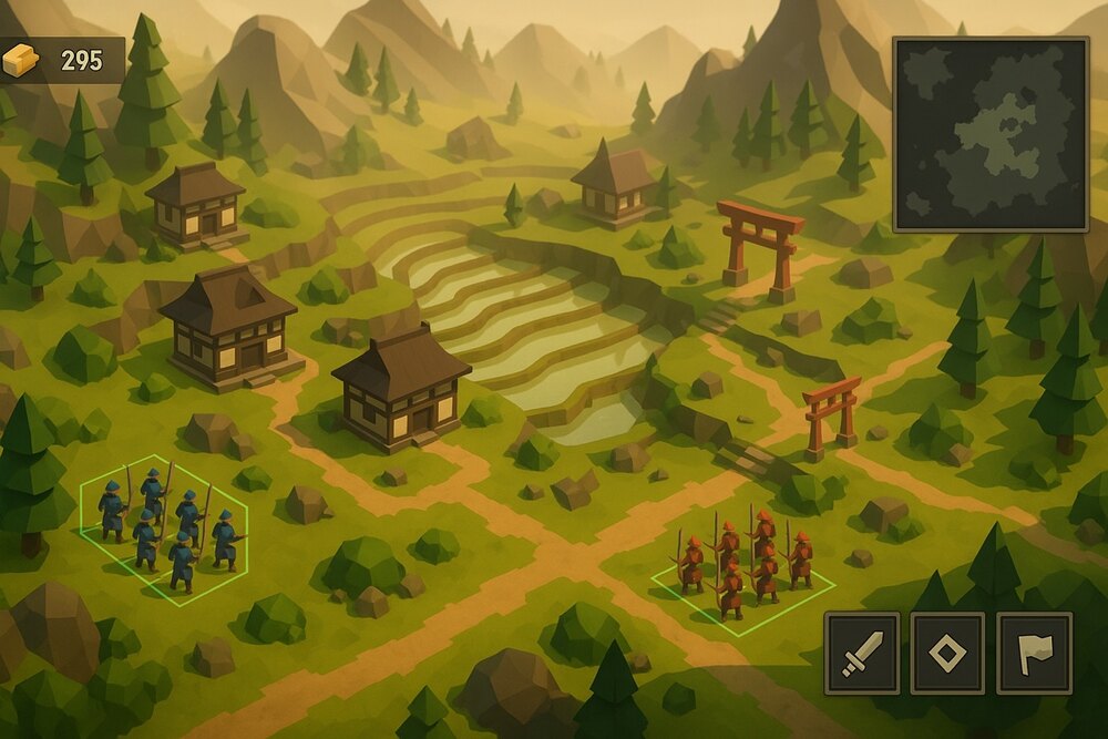 生成图：低多边形武士策略村庄
