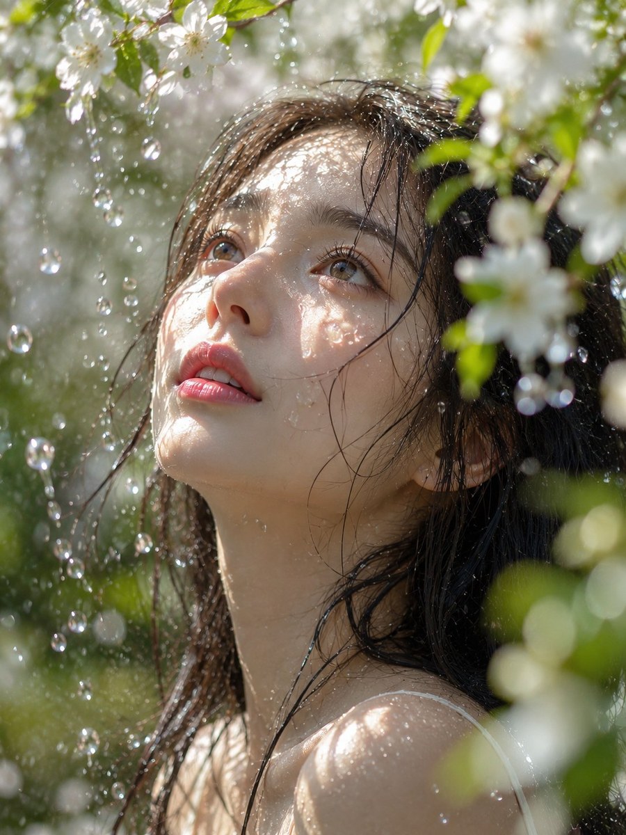 参考图：雨后白花露珠美妆人像提示词 01