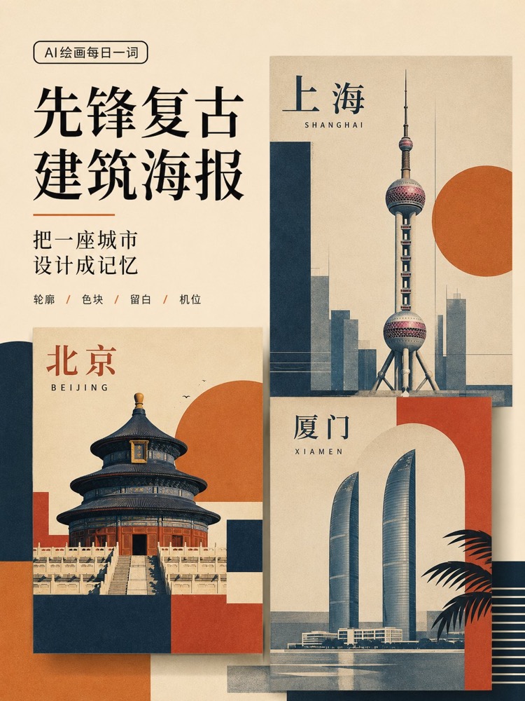生成图：先锋复古彩色建筑海报 3