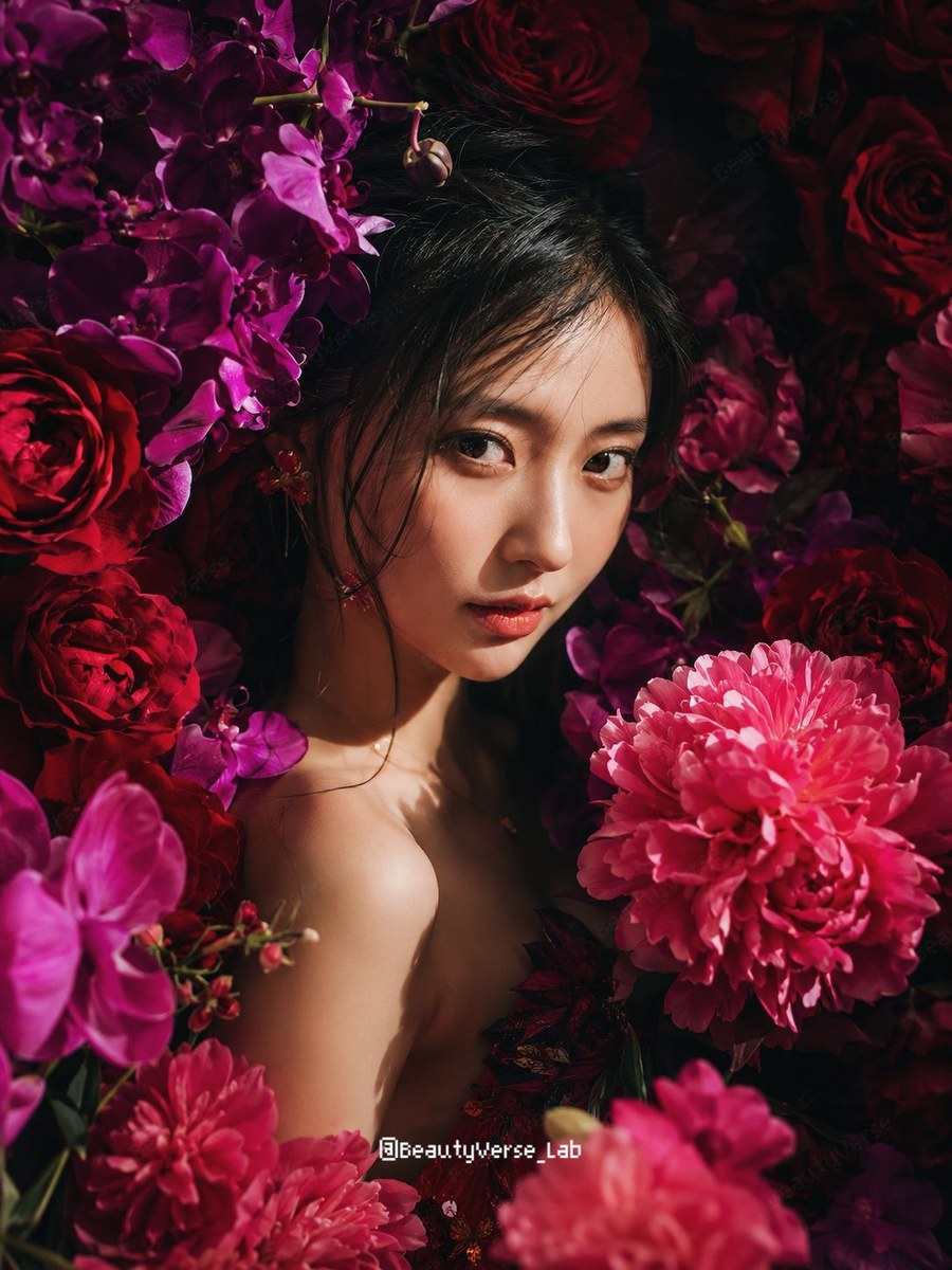 参考图：深红紫花海日系美少女人像提示词 01