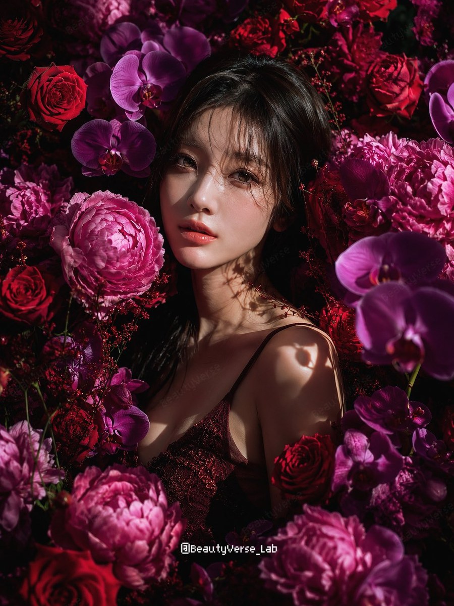参考图：深红紫花海日系美少女人像提示词 03