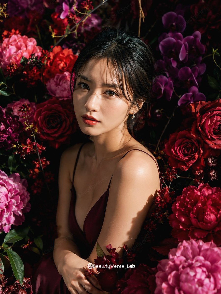 参考图：深红紫花海日系美少女人像提示词 04