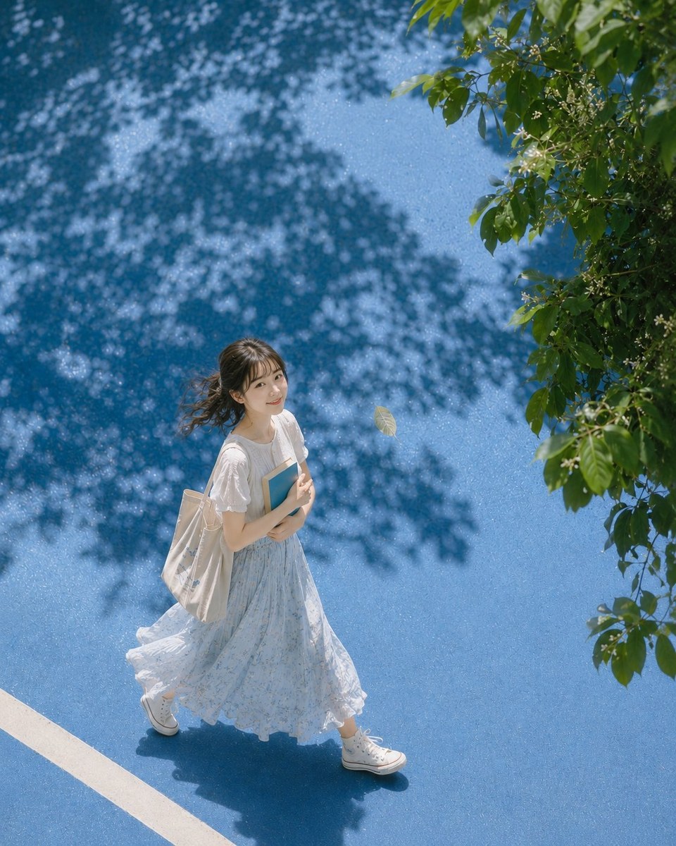 参考图：蓝色步道夏日俯拍人像提示词 01