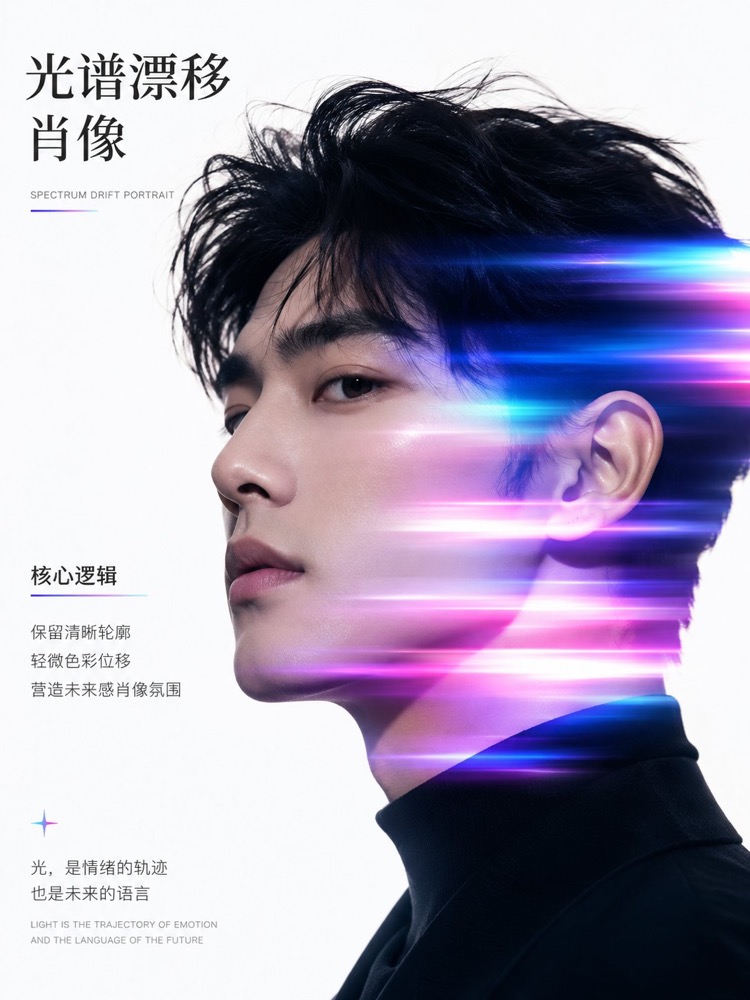 生成图：光谱漂移美妆人像海报提示词 01