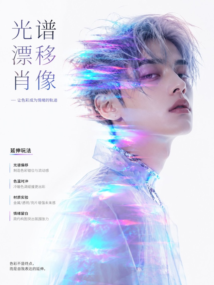 生成图：光谱漂移美妆人像海报提示词 02
