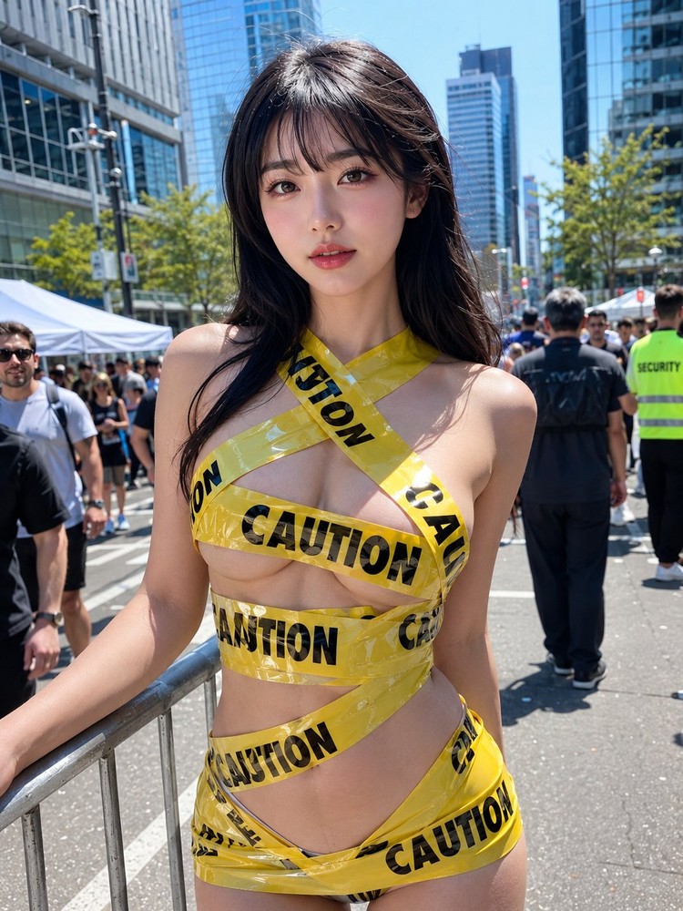 生成图：Caution Tape 时尚造型人像提示词