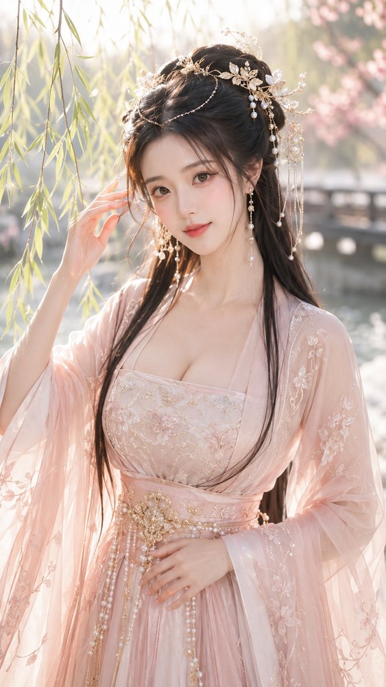 生成图：柳岸春颜古风写真提示词