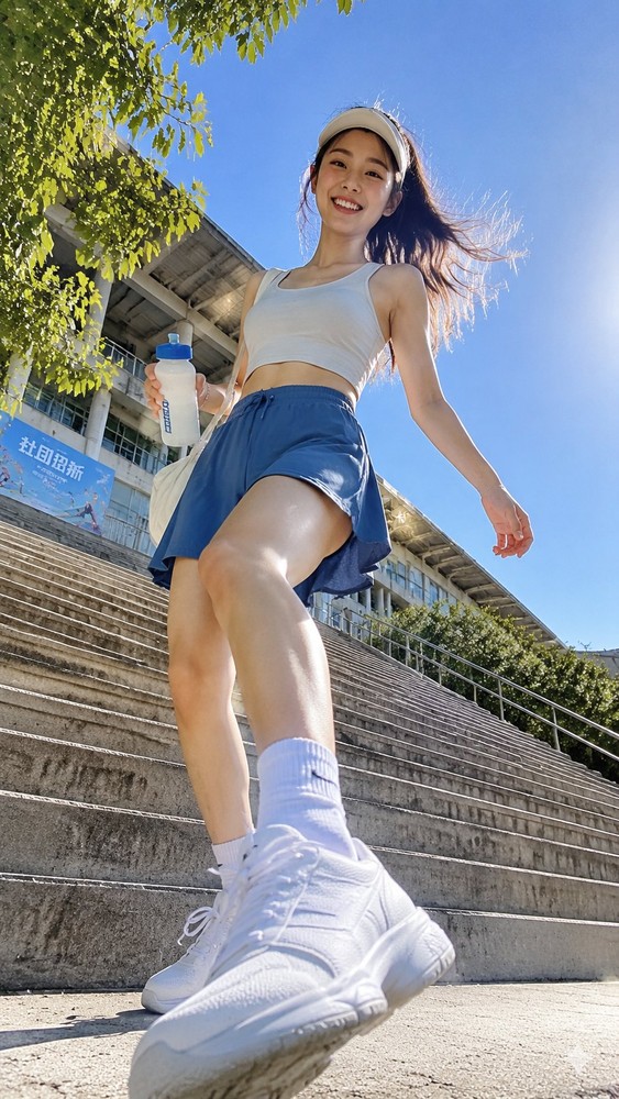 生成图：低机位校园元气写真提示词 03