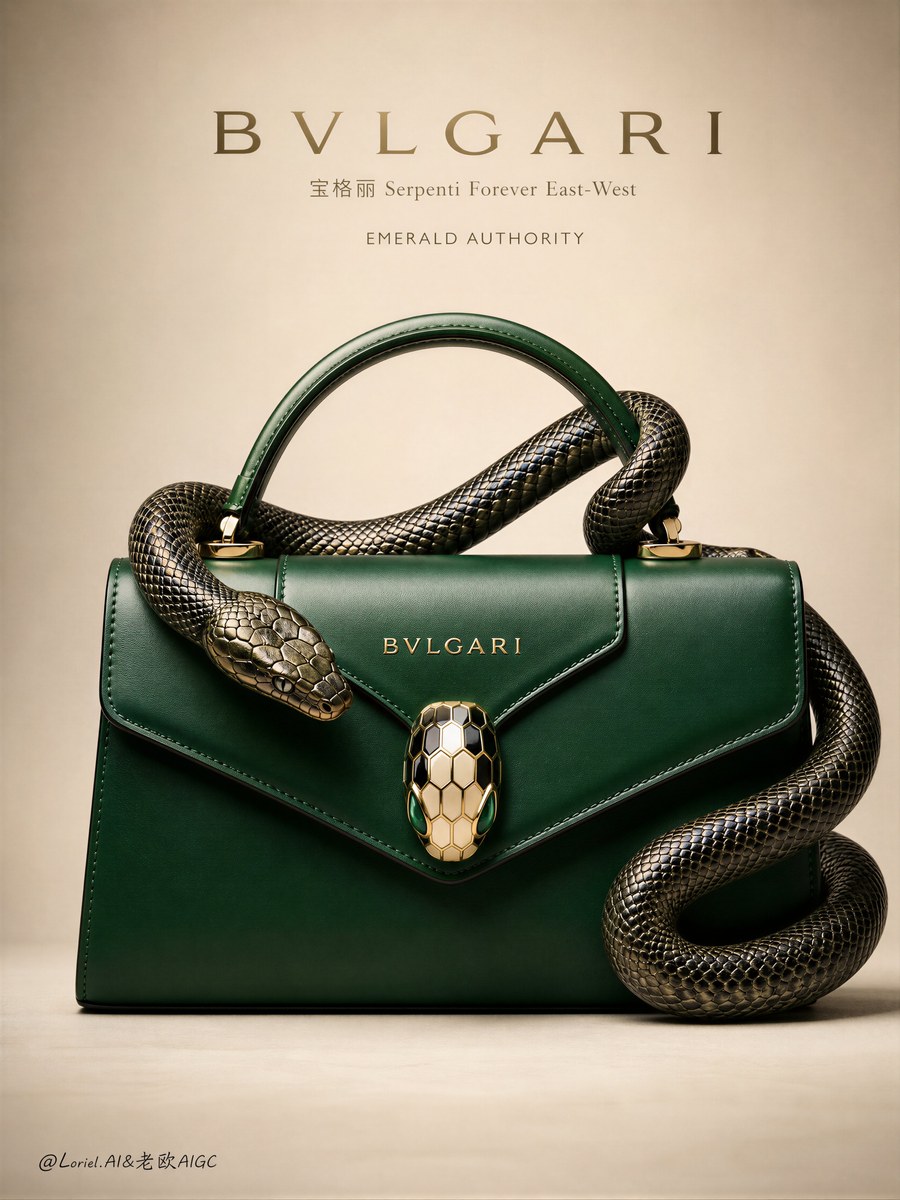 参考图：BVLGARI Serpenti 翡翠手袋与蛇广告提示词 01