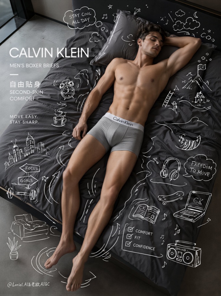 生成图：Calvin Klein 涂鸦内衣广告提示词