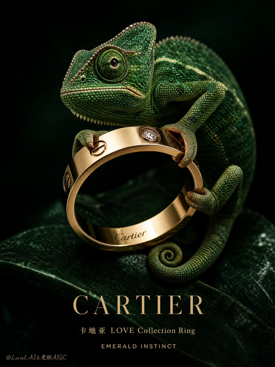 参考图：Cartier LOVE 戒指与变色龙珠宝广告提示词 01