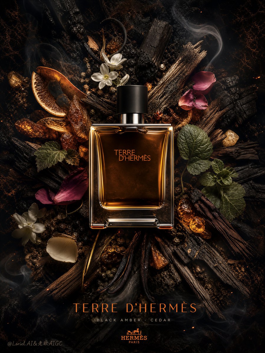 参考图：Hermès 琥珀雪松香氛海报提示词 01