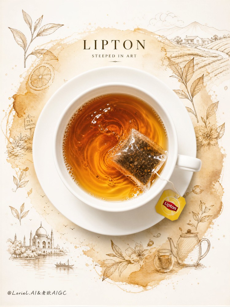 生成图：Lipton 茶包地图广告海报提示词