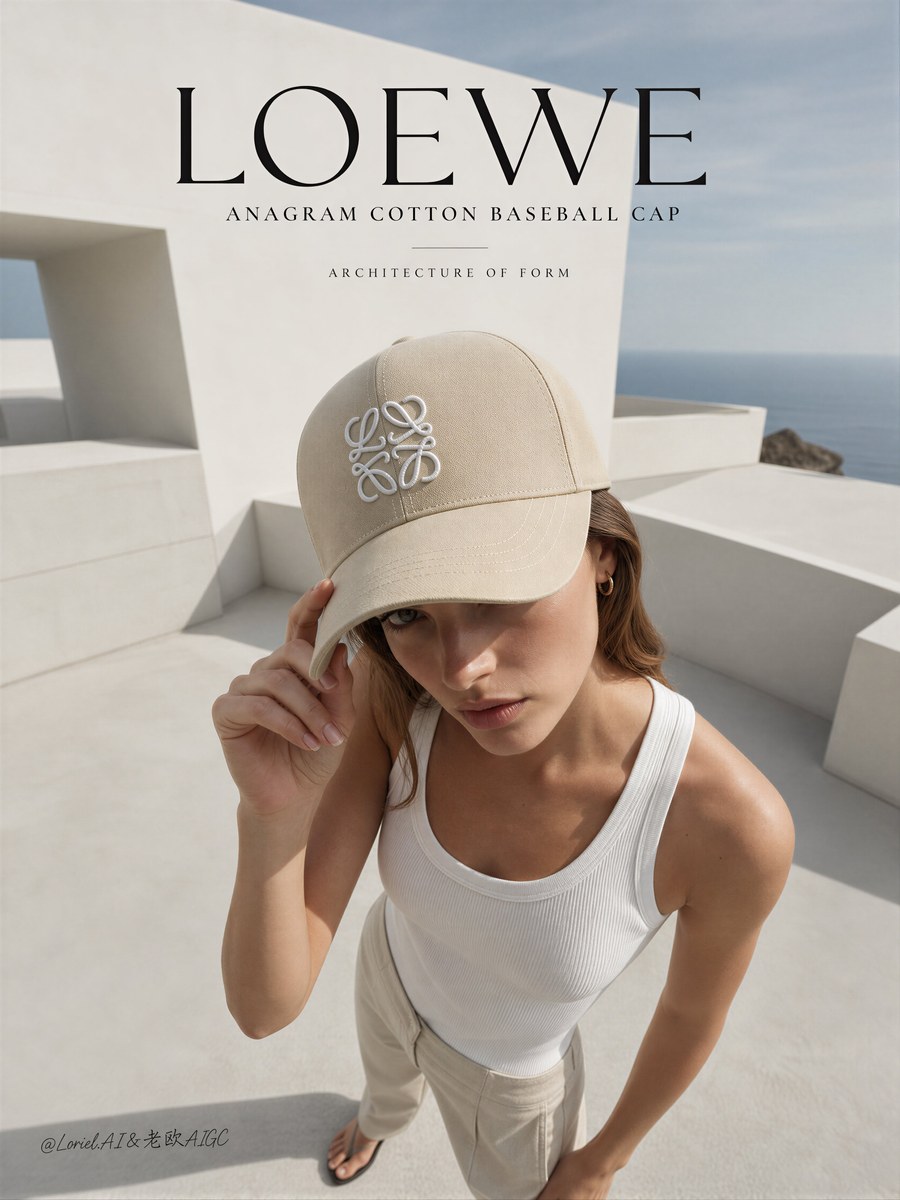 参考图：LOEWE 棒球帽冷白建筑时尚广告提示词 01