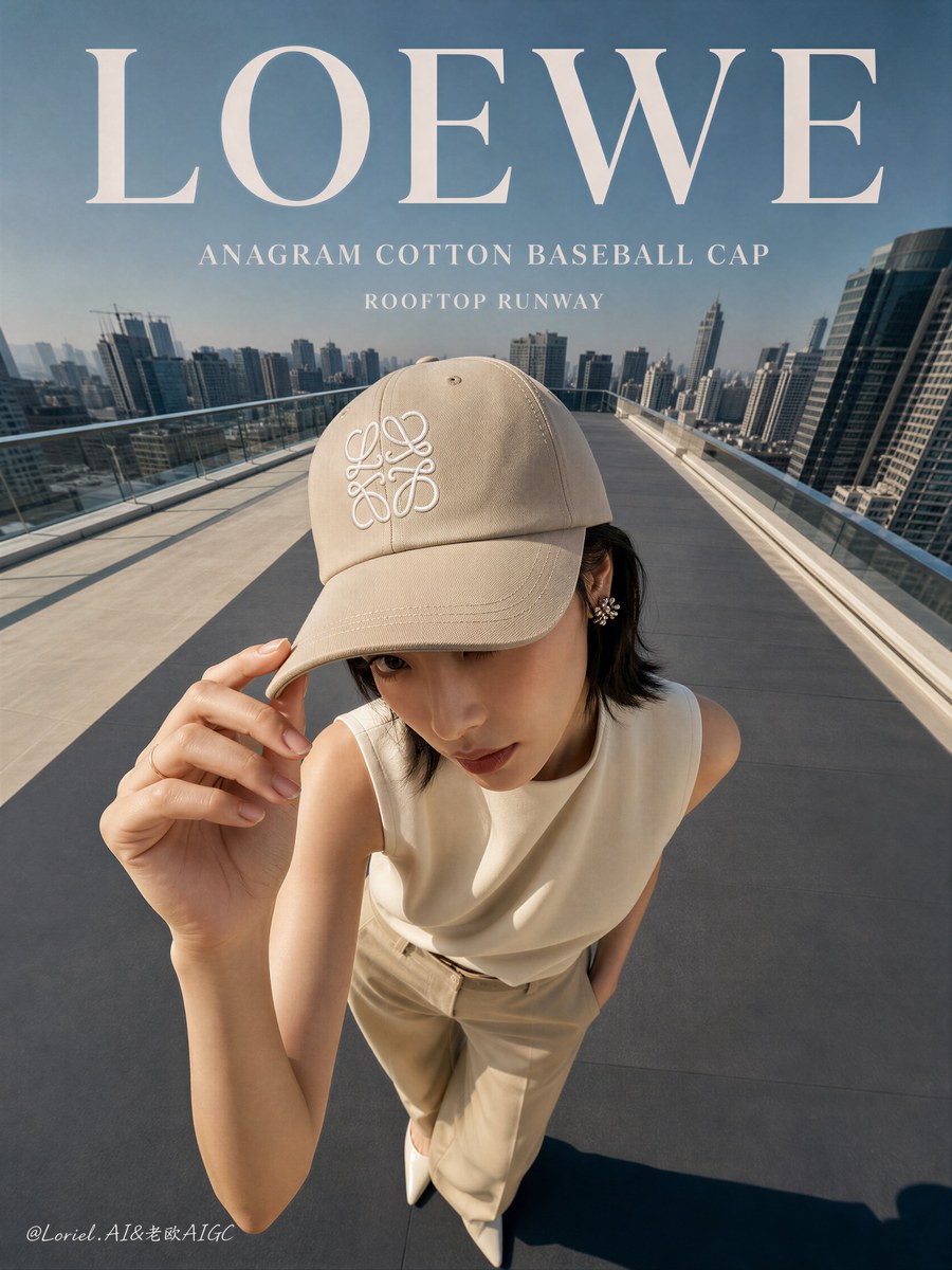 参考图：LOEWE 棒球帽冷白建筑时尚广告提示词 02