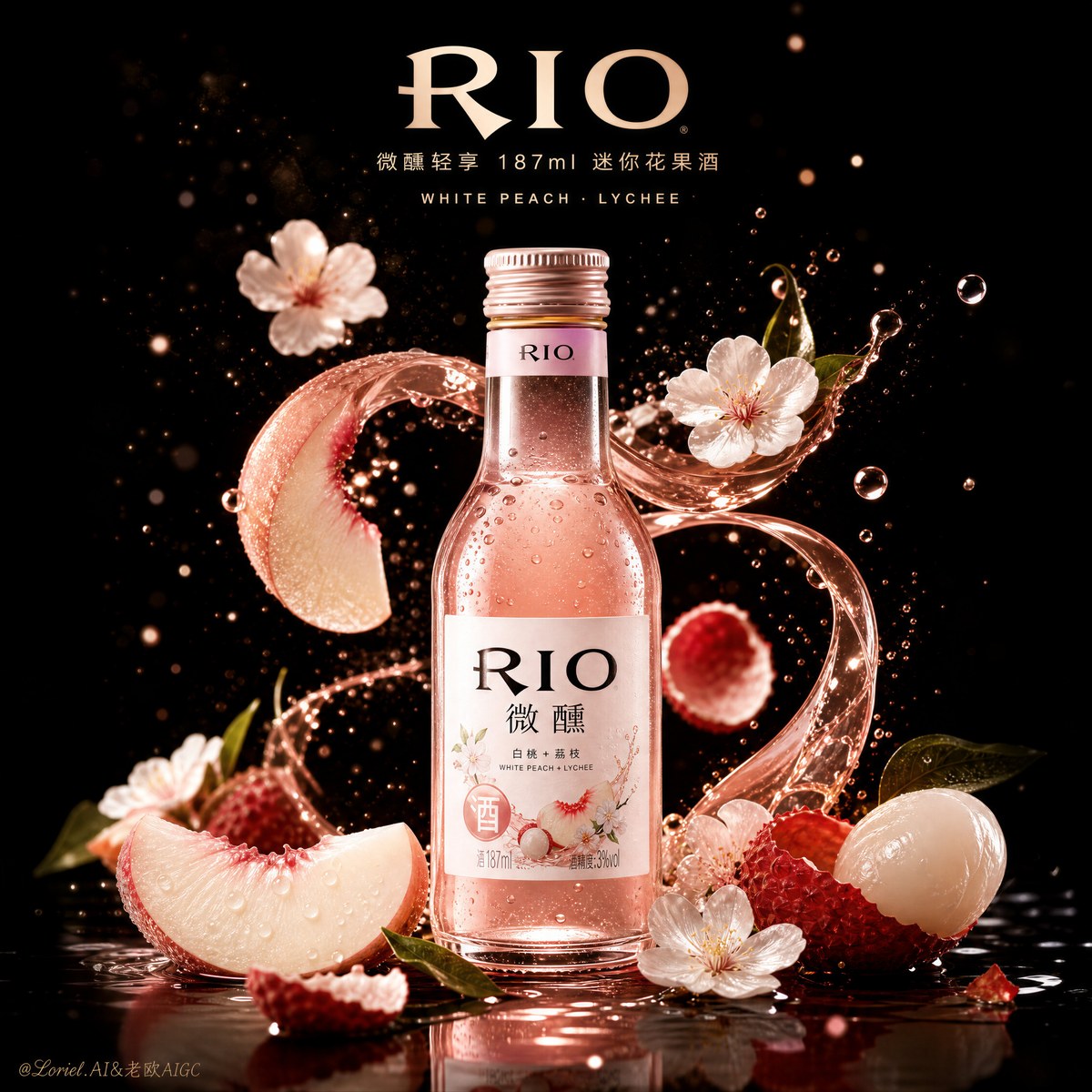 参考图：RIO 白桃荔枝甜酒奢华广告提示词 01