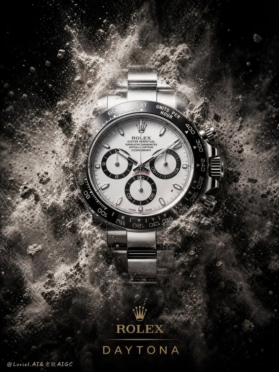 参考图：Rolex Daytona 矿物粉尘爆炸广告提示词 01