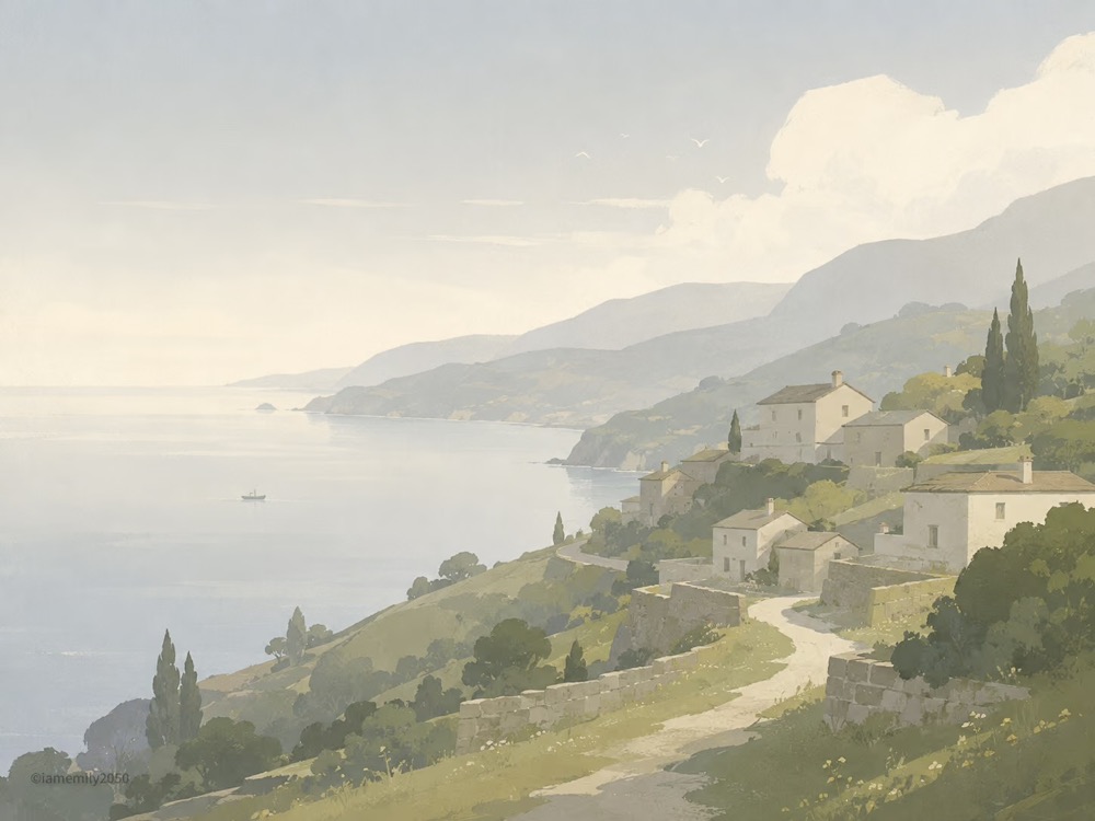 生成图：海岸山城极简插画示例