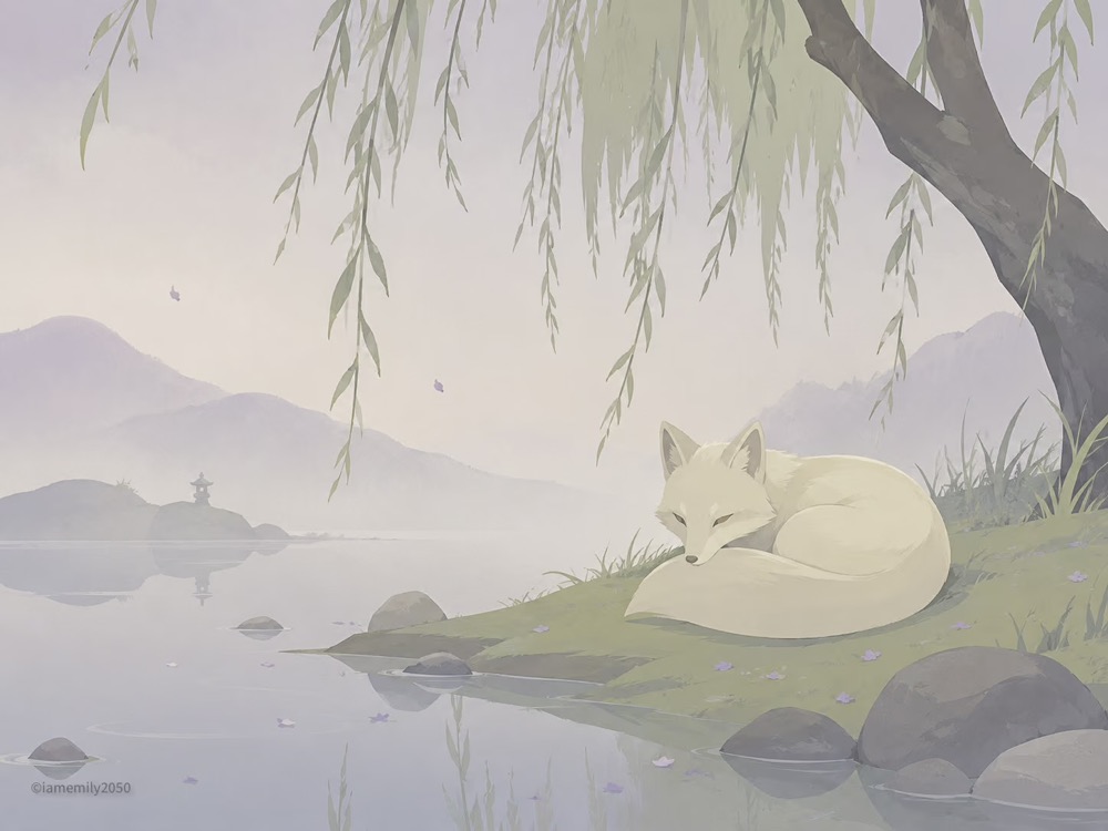 生成图：湖畔白猫极简插画示例