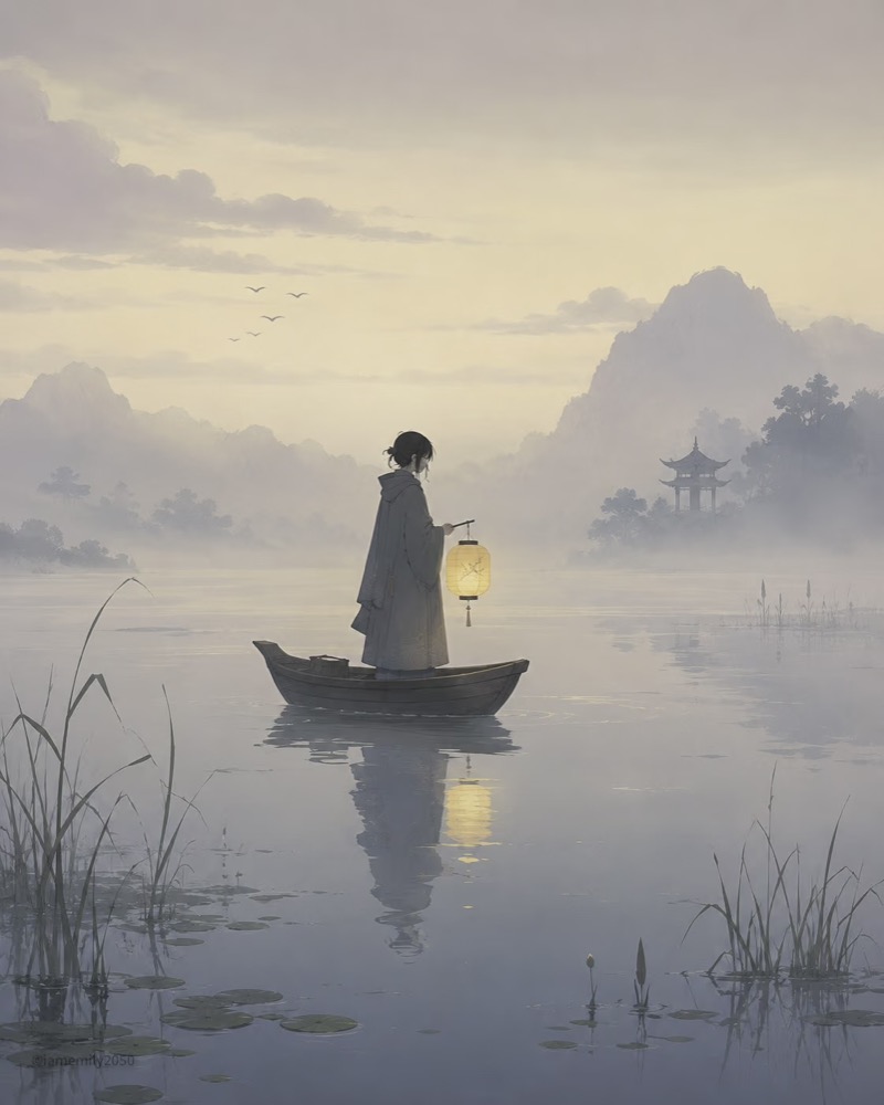 生成图：薄雾小舟人物插画示例