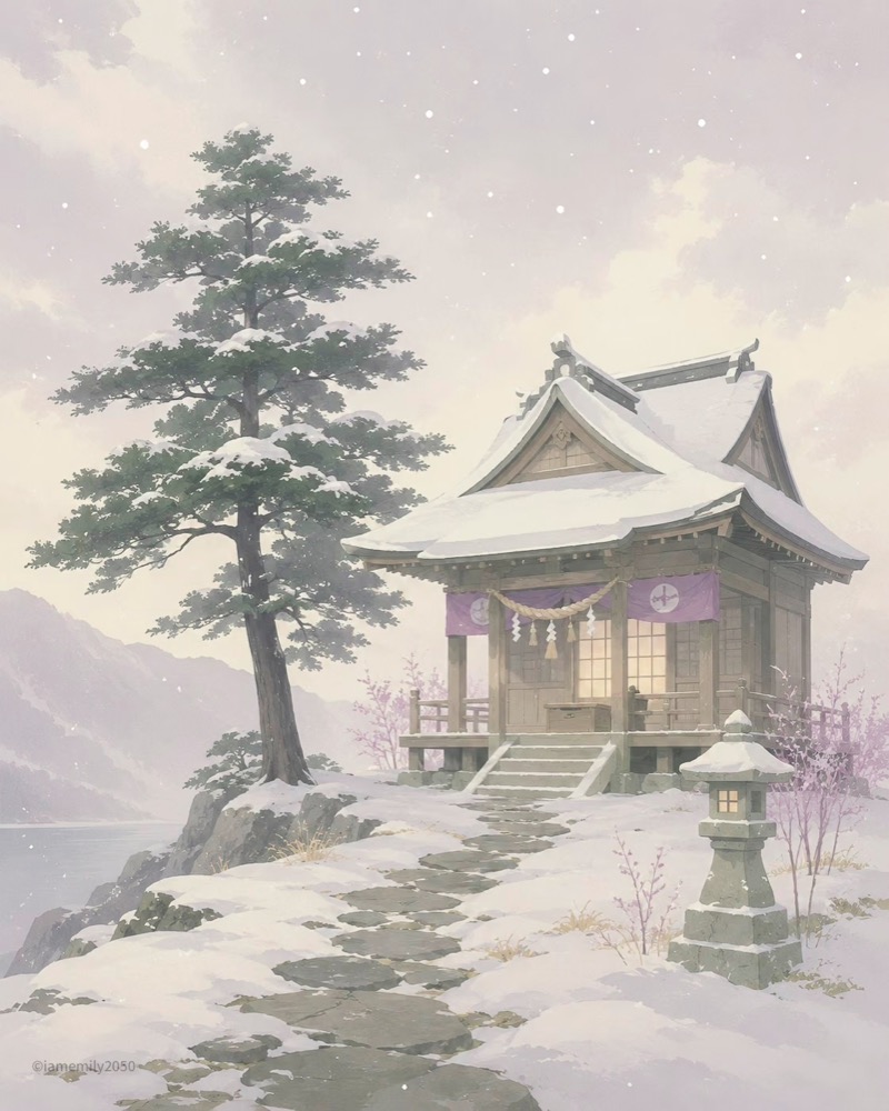 生成图：雪地神社极简插画示例