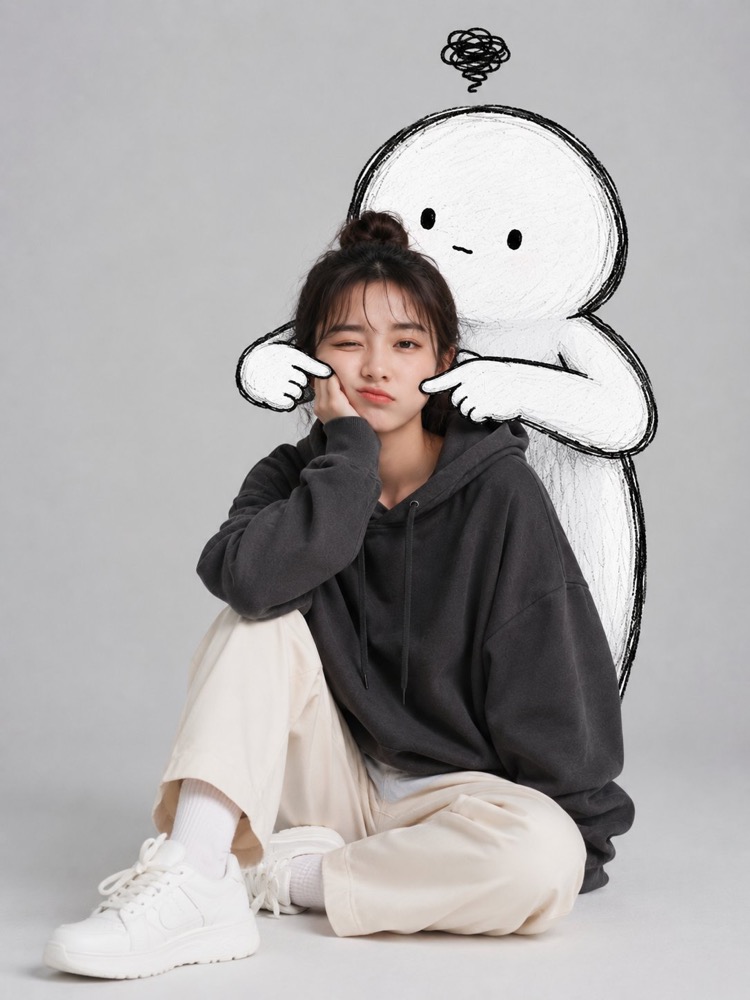 生成图：极简涂鸦拥抱棚拍人像 02