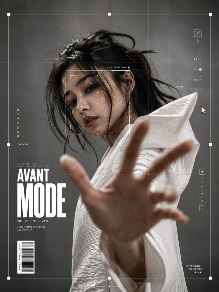 生成图：AVANT MODE 科技叠层时尚大片提示词