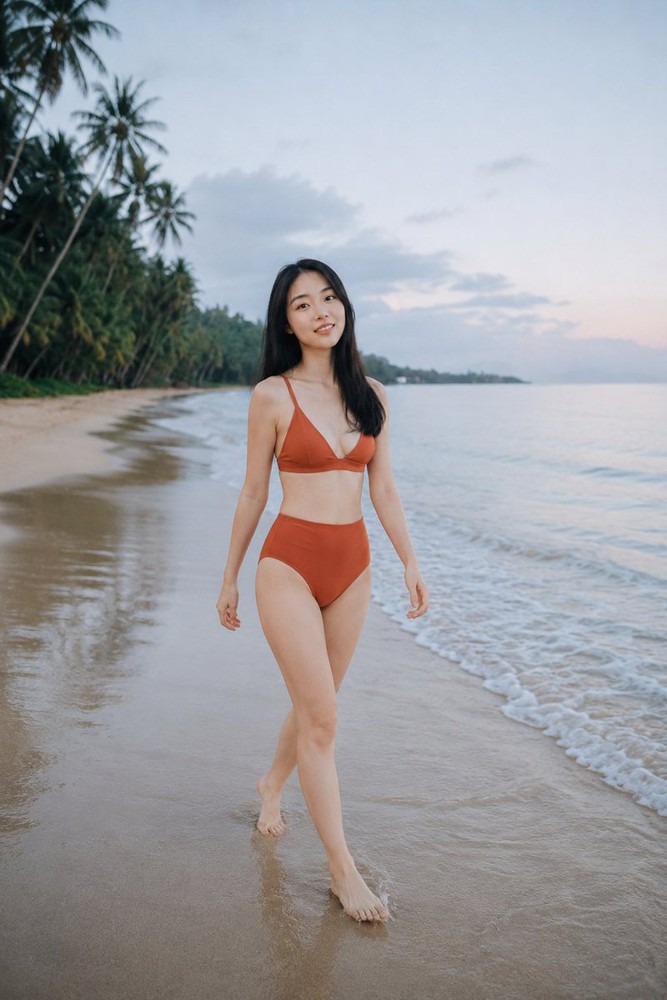 生成图：晨光海滩泳装编辑写真提示词 03