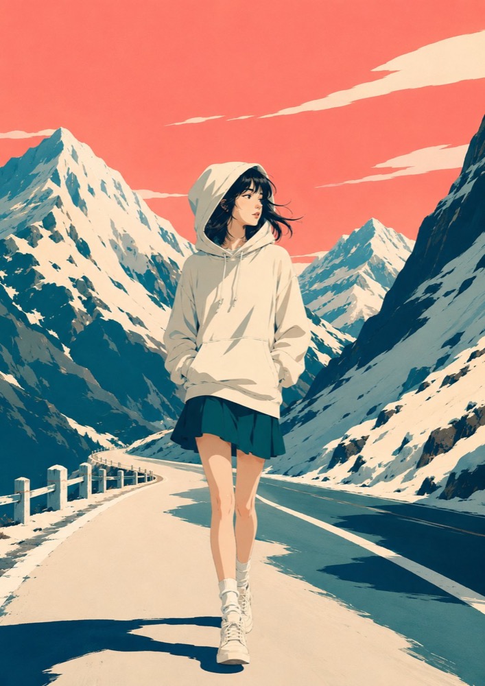 生成图：粉蓝复古旅行海报插画提示词 02